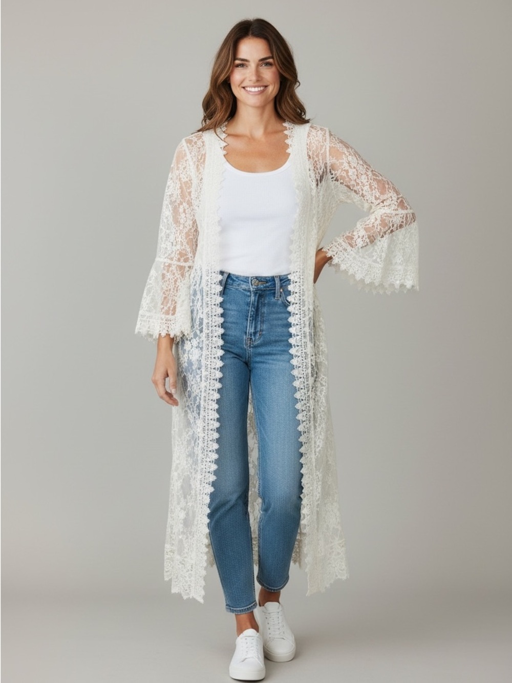 Polly & Esther Lace Duster Kimono Bell Sleeve Boho Festival Coquette Cover Up